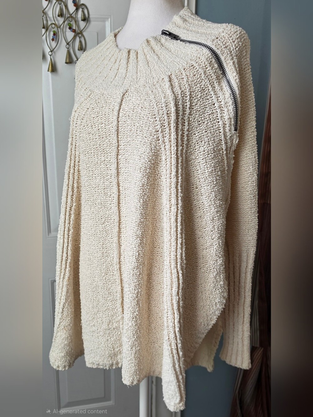 Free People Turn Around Knit Poncho Sweater Womens S/XS Zip-Shoulder Cream Mock